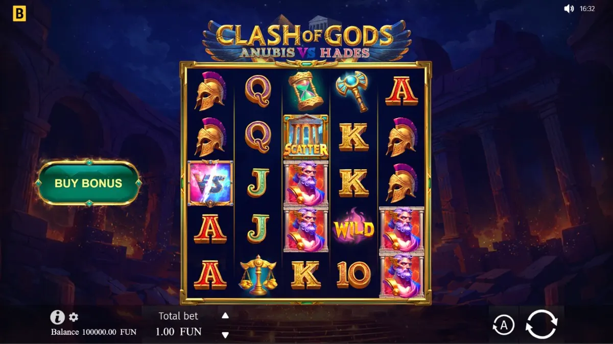 Clash of Gods: Anubis vs Hades slot game interface