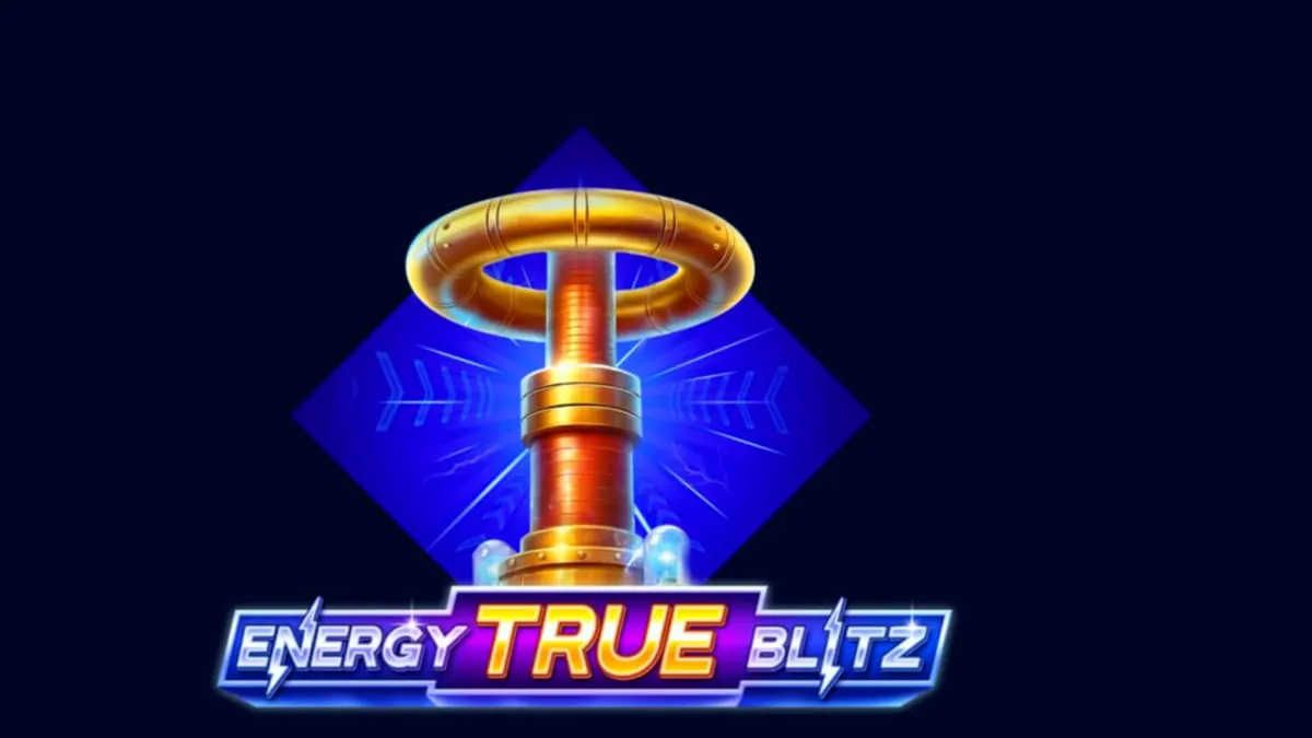 Isang neon-lit na slot machine na may temang kuryente at mga simbolo ng swerte.
