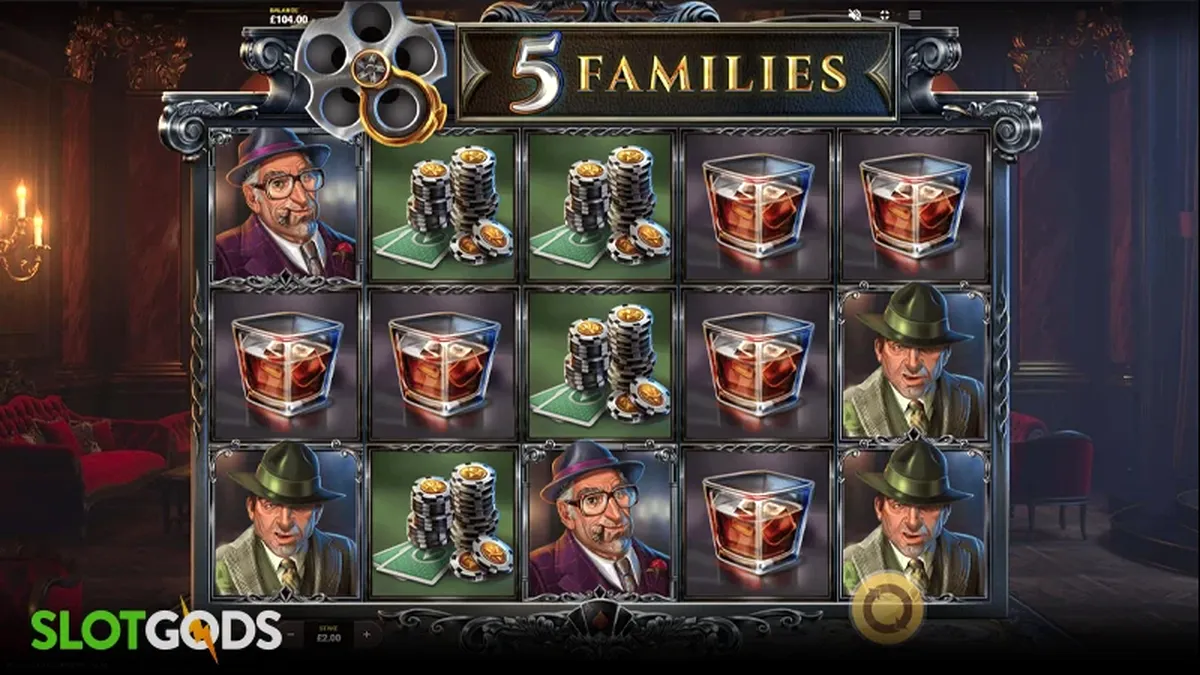 Isang visual na representasyon ng 5 Families slot na may temang mafia.